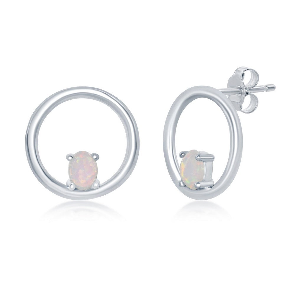 Small Open Silver Circles with Opal Earrings