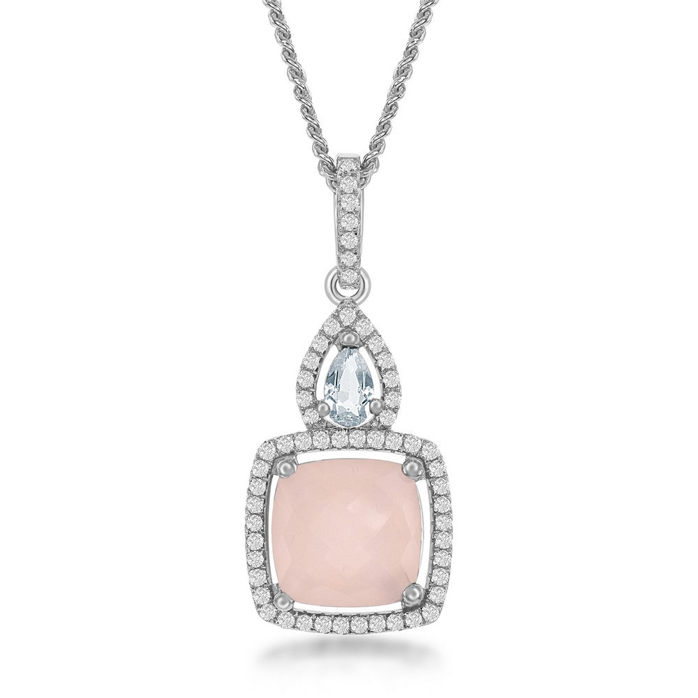 Silver White Topaz Teardrop w/Larger Rose Quartz & White Topaz Border  Necklace