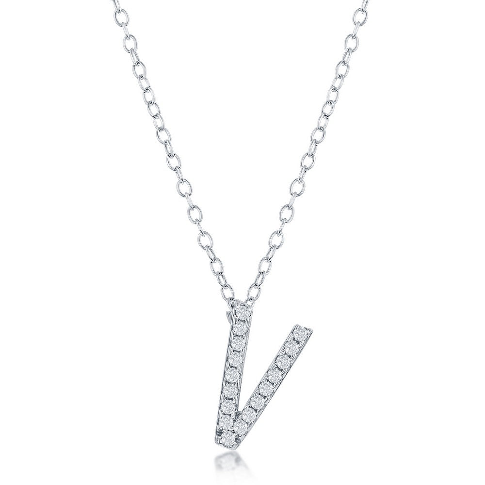 Sterling Silver Micro Pave "V" Pendant Necklace