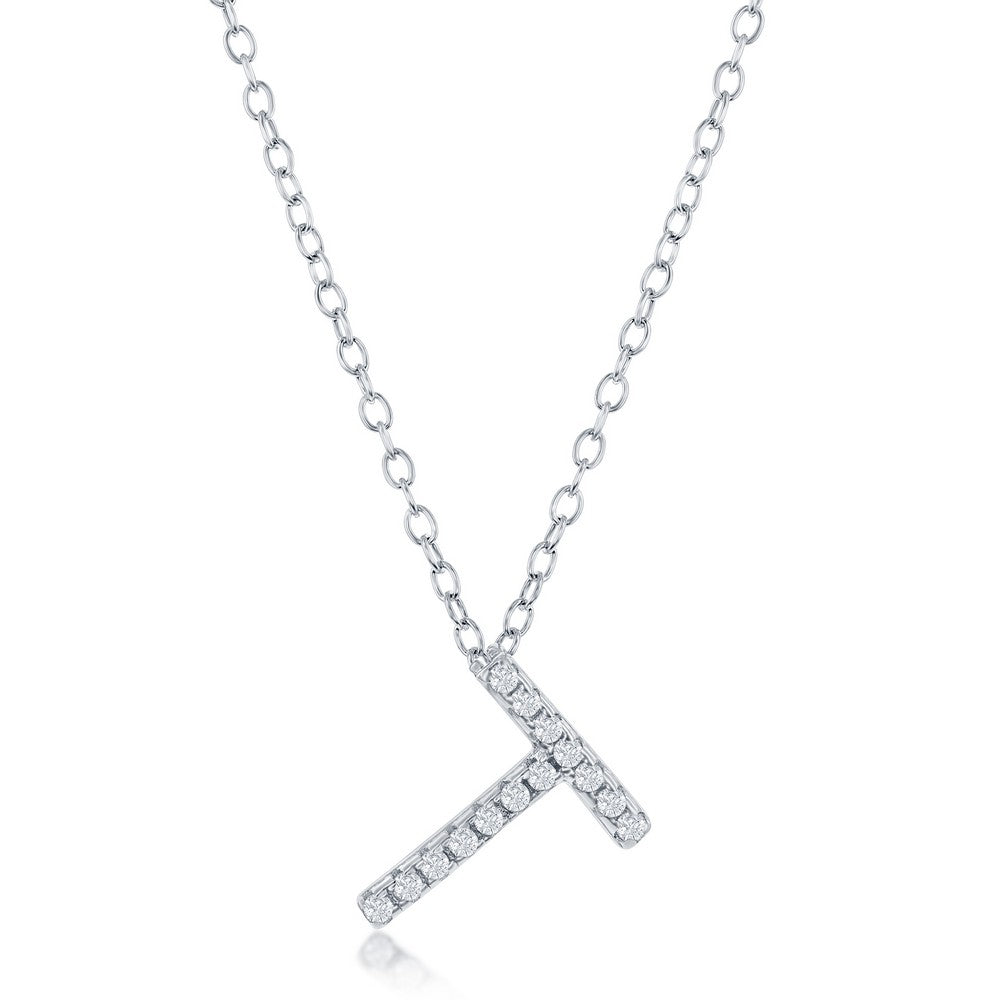 Sterling Silver Micro Pave "T" Pendant Necklace