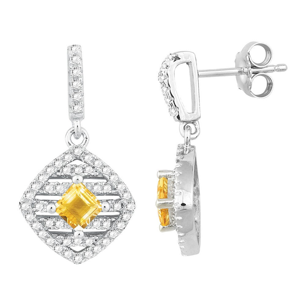 Sterling Silver Square Step Citrine with White Topaz Earring