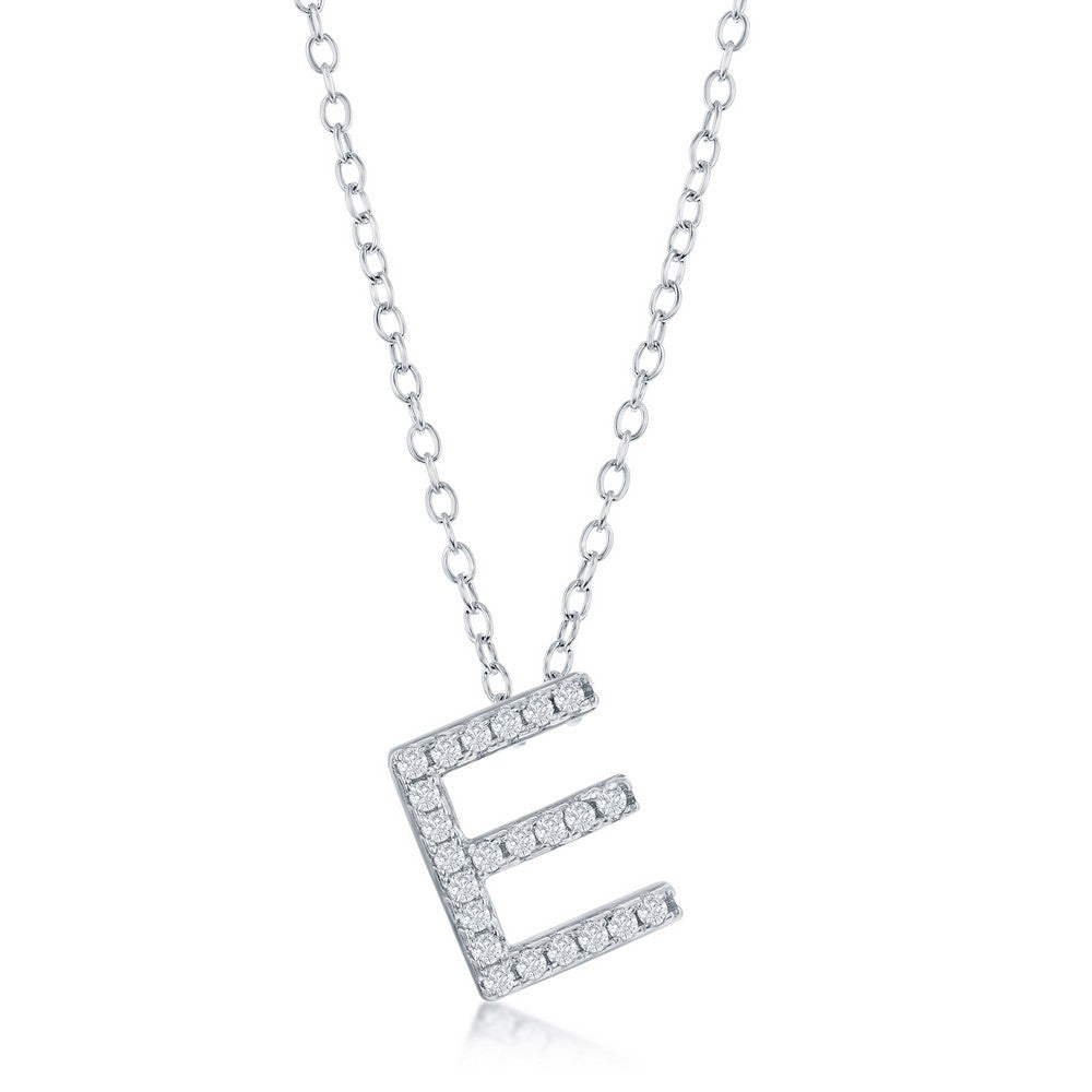 Sterling Silver Micro Pave "E" Pendant Necklace