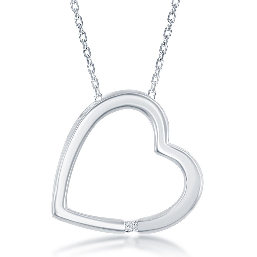 Sterling Silver Open Heart with diamond Pendant w/Chain