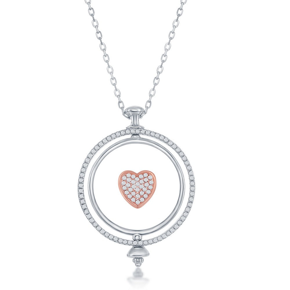 Sterling Silver Two-Tone Spinning Disc Micro CZ Pave Heart