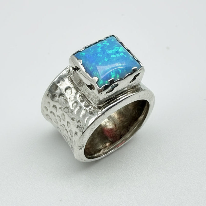 ESTATE: Wide Hammered Sterling Opal Ring