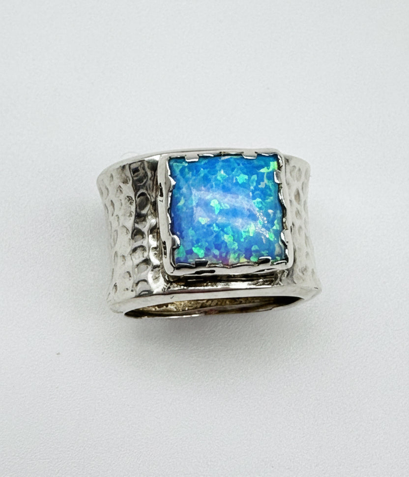 ESTATE: Wide Hammered Sterling Opal Ring
