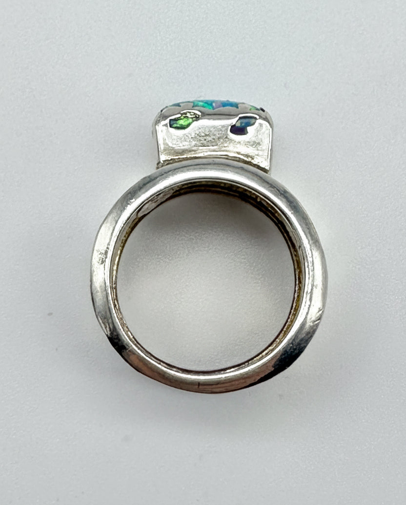 ESTATE: Wide Hammered Sterling Opal Ring