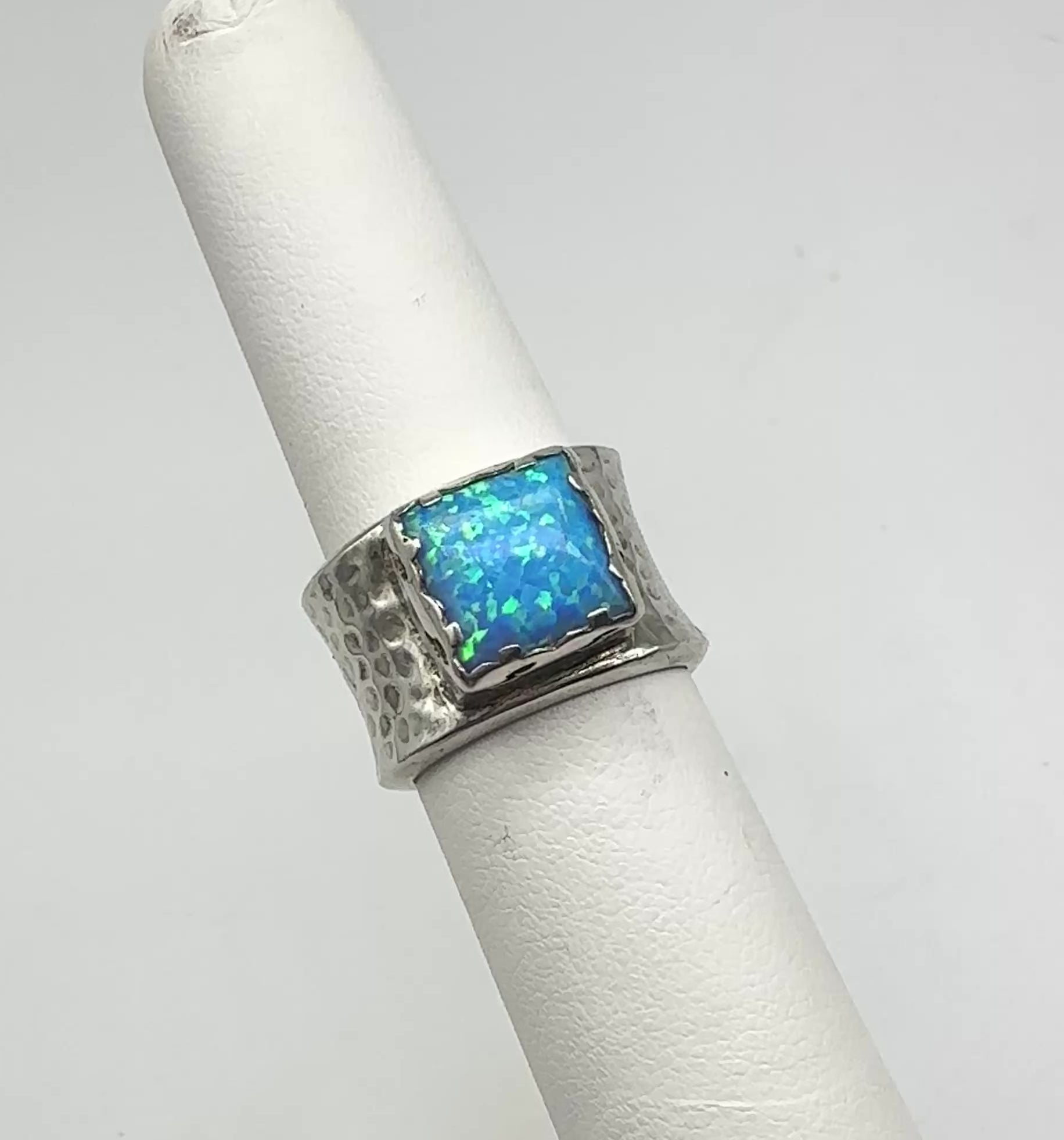 ESTATE: Wide Hammered Sterling Opal Ring